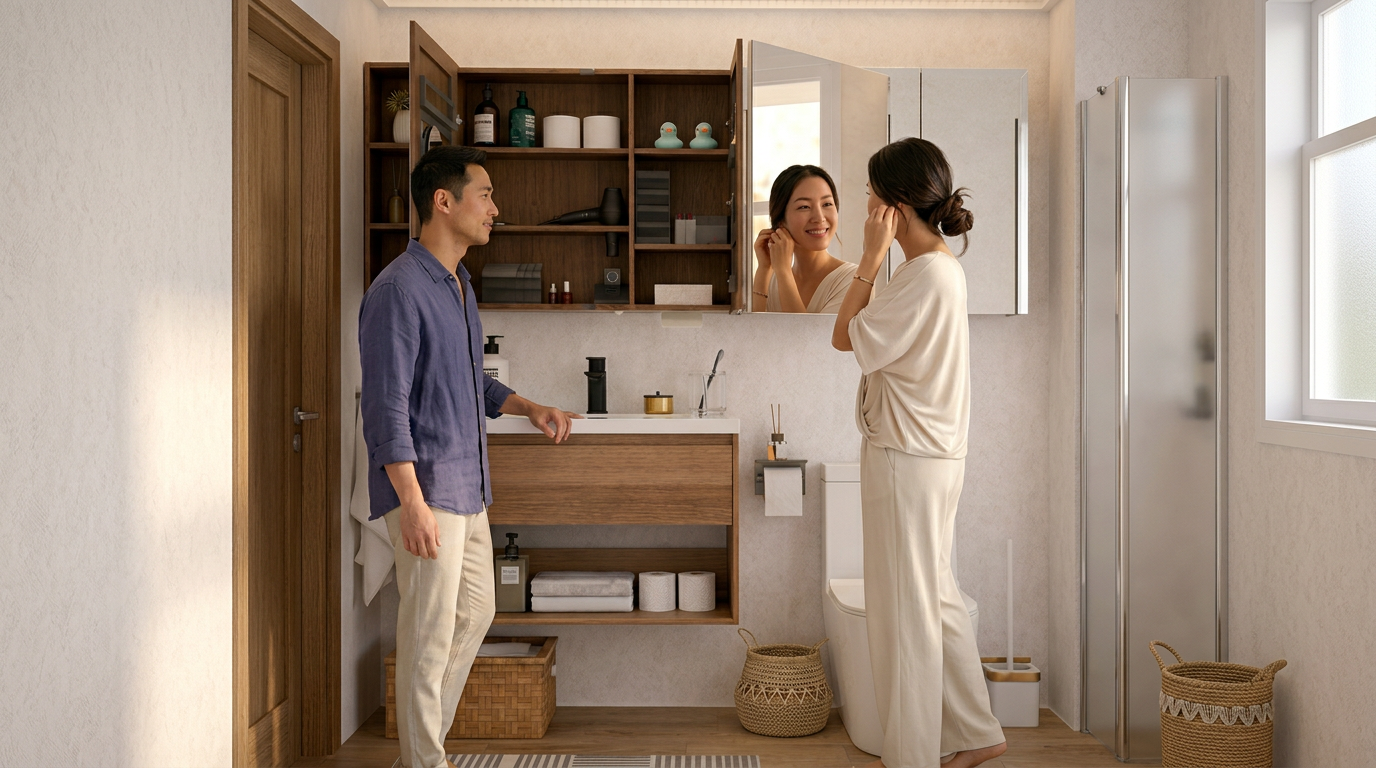 Couple using HERA vanity cabinet with open mirror cabinet showing organised bathroom storage
