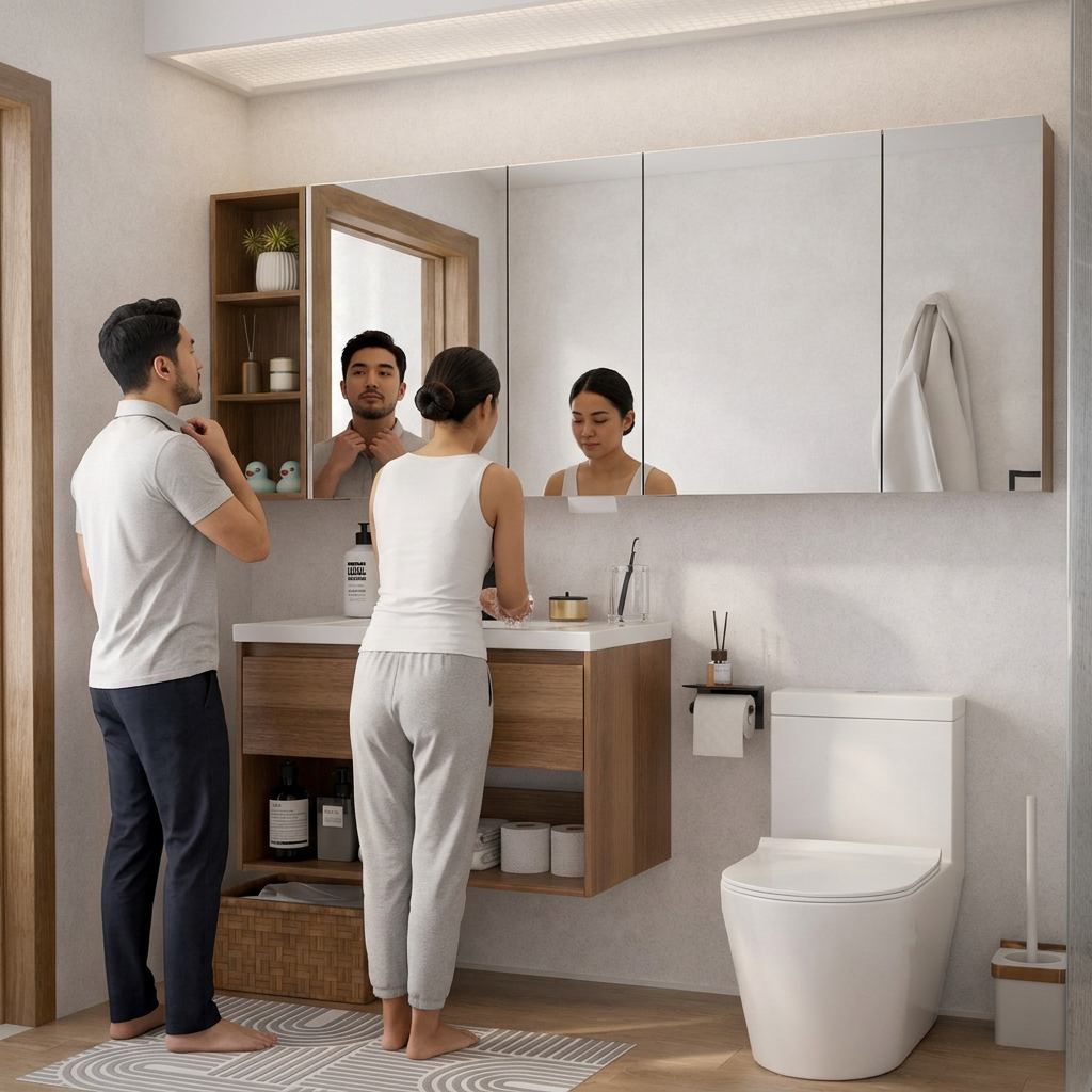 Couple sharing morning routine at HERA vanity cabinet