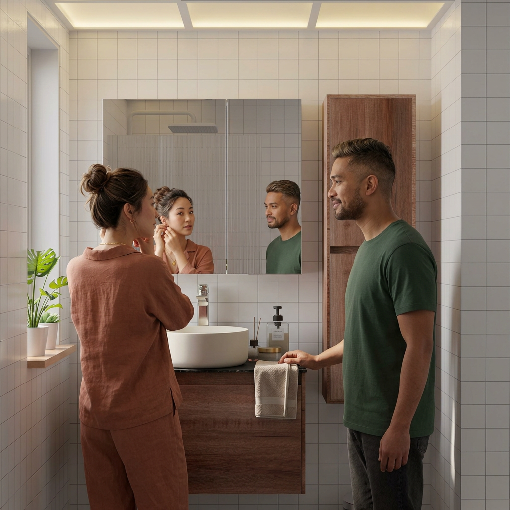Couple at HERA walnut vanity with side column cabinet in tiled bathroom