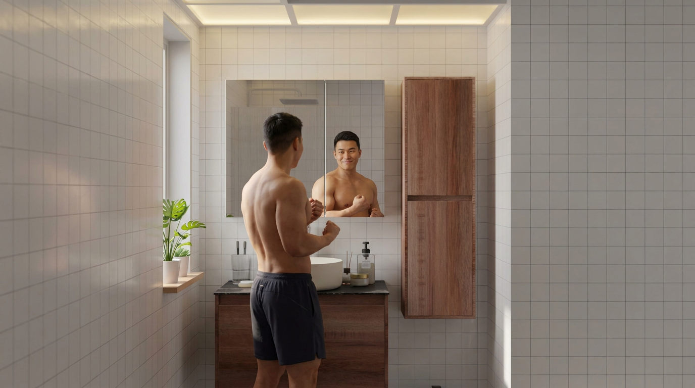 Man using HERA mirror cabinet with walnut side column cabinet visible in Singapore bathroom