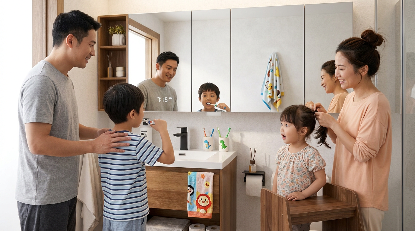 Singapore family of four using HERA vanity cabinet in compact HDB bathroom morning routine